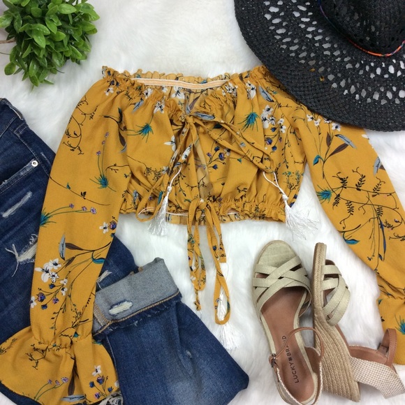 Tops - Mustard Yellow Floral Off the Shoulder Crop Top